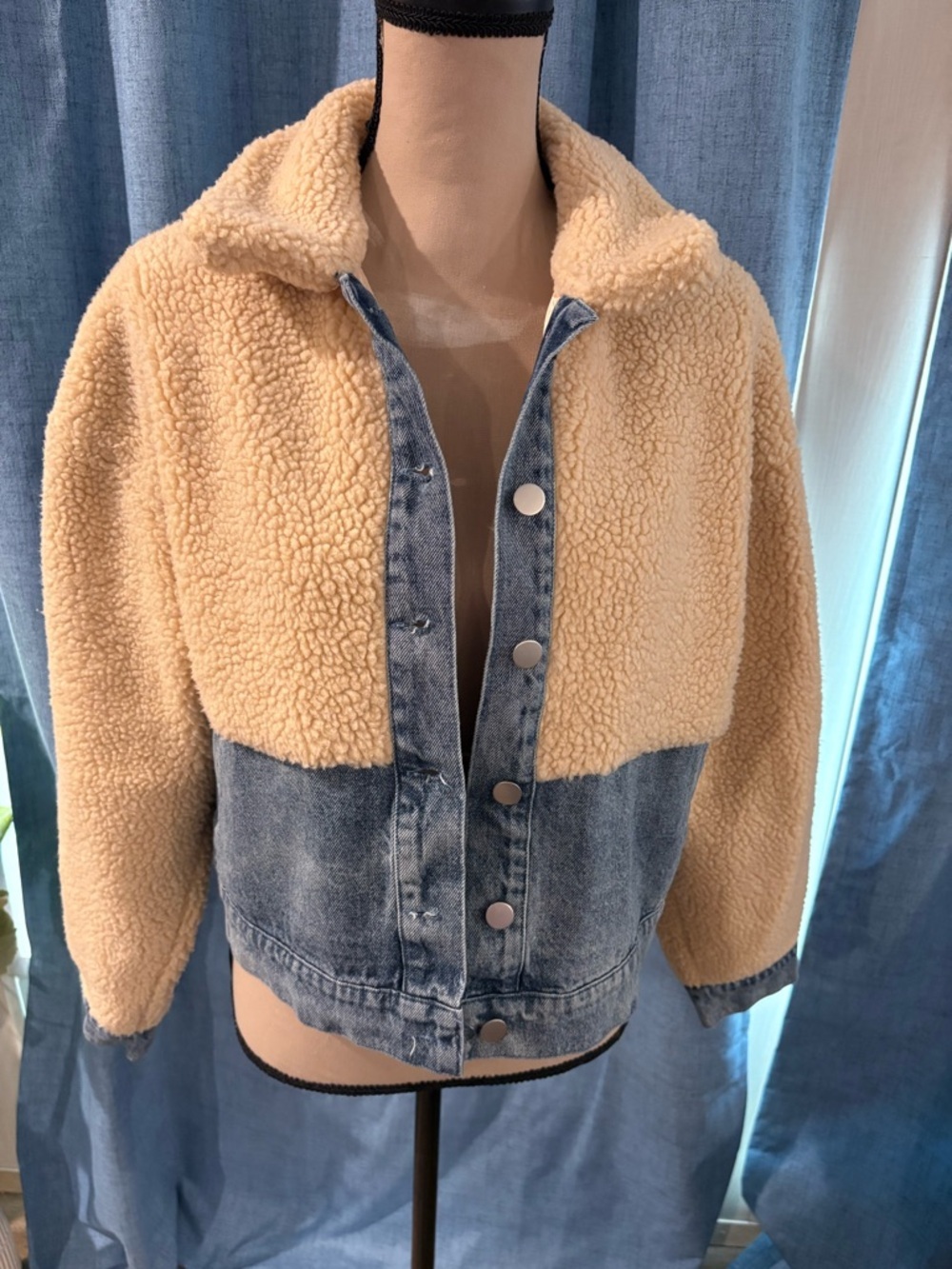 Anna Grace Cream Sherpa and Blue Denim Mixed-Media Jacket